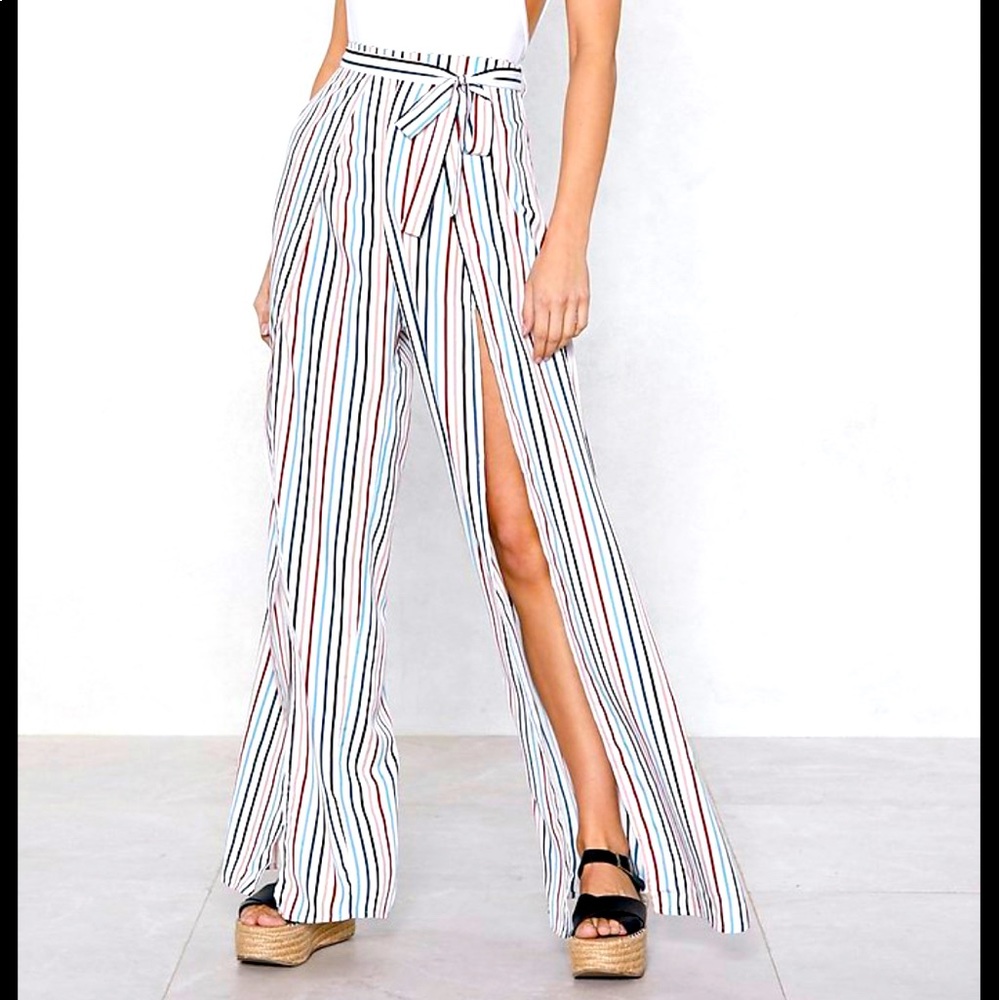 Multicolor Striped High Waisted Belted Split Pant